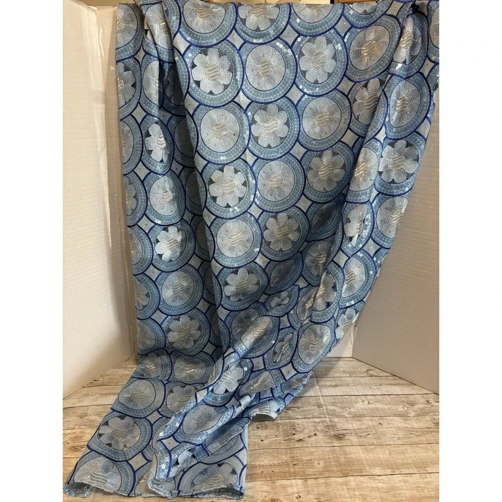 African Swiss Voile Lace Fabric Remnant - Blue & White Sequin Embroidered Floral